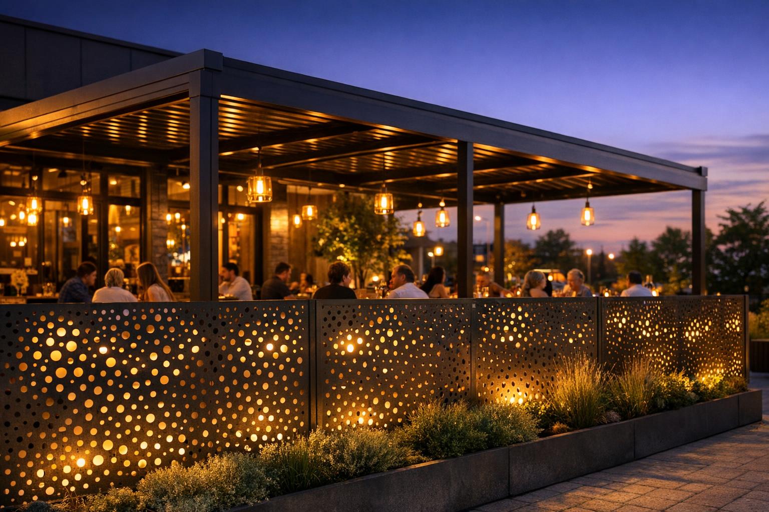 Opis zdjęcia: perforowane ogrodzenie i zadaszenie przy restauracji, oświetlone wieczorem
