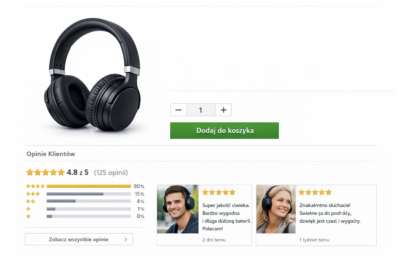 okno produktu z czytelnym przyciskiem dodaj do koszyka i sekcją opinii