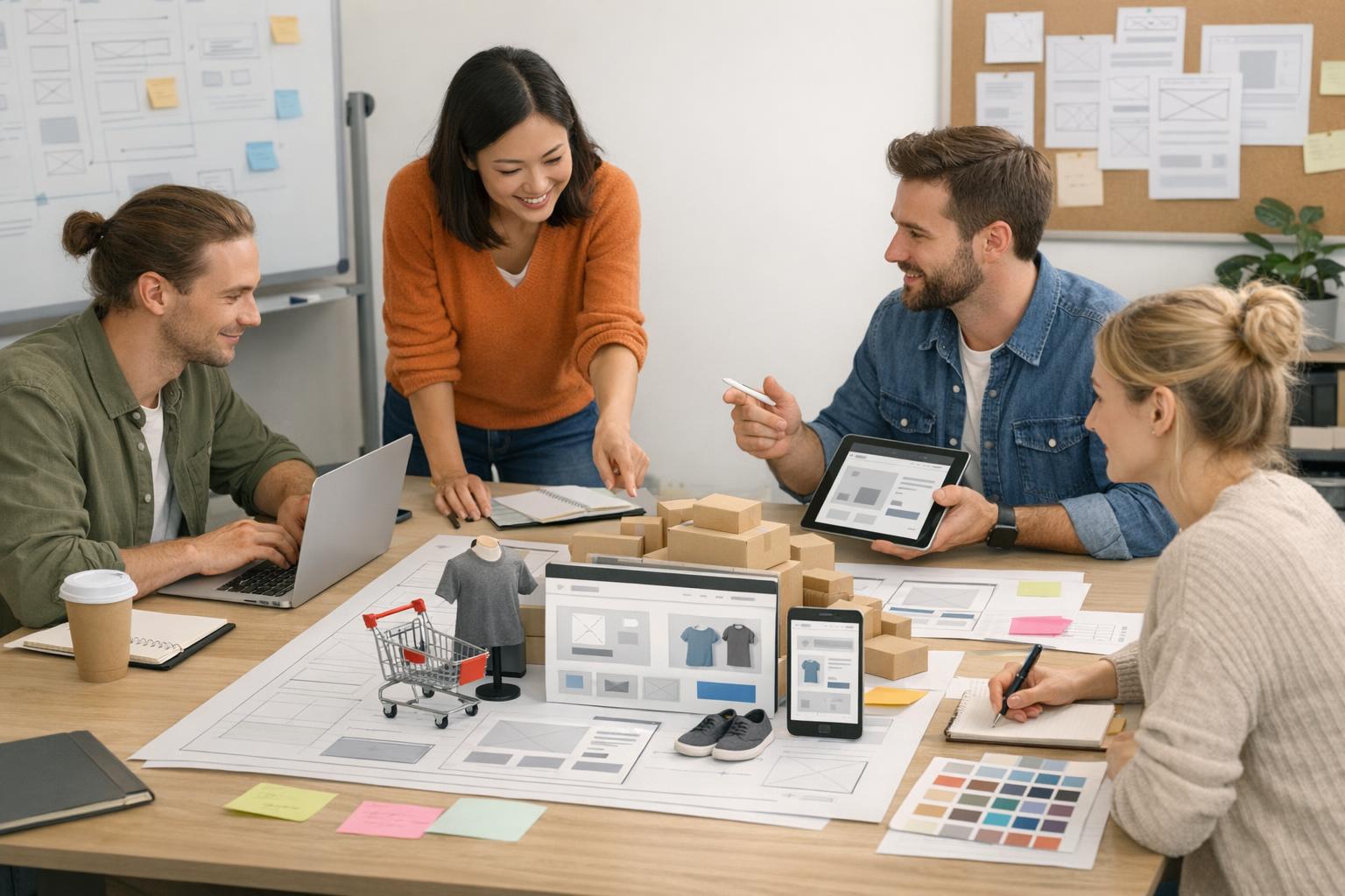 zespół projektantów pracujący nad makietą sklepu e-commerce